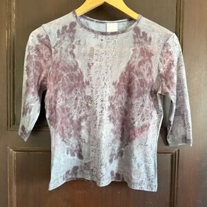 90s Vintage LUNA T Semi Sheer Purple Asian Print Cropped Tee | Large Petite